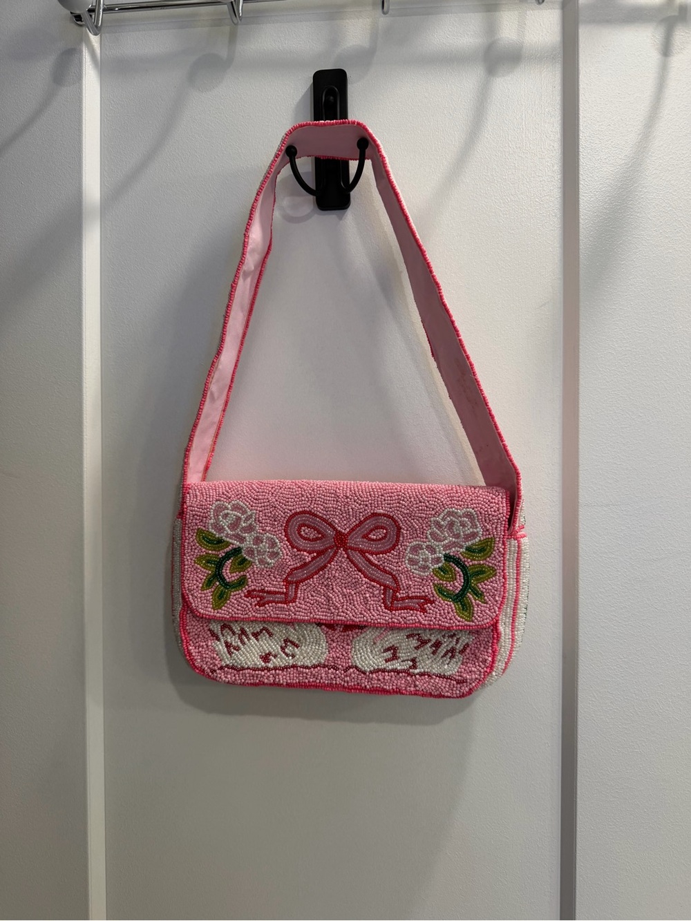 Pink Embroidered Bow & Swans Shoulder Bag